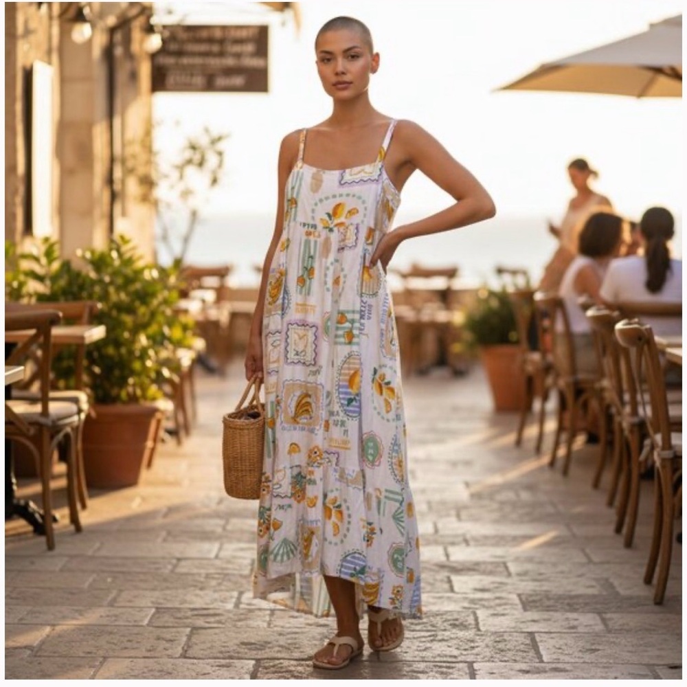 NWT Label of Love Fruit Print Strappy Maxi Linen Blend Dress XL Viral Vacation